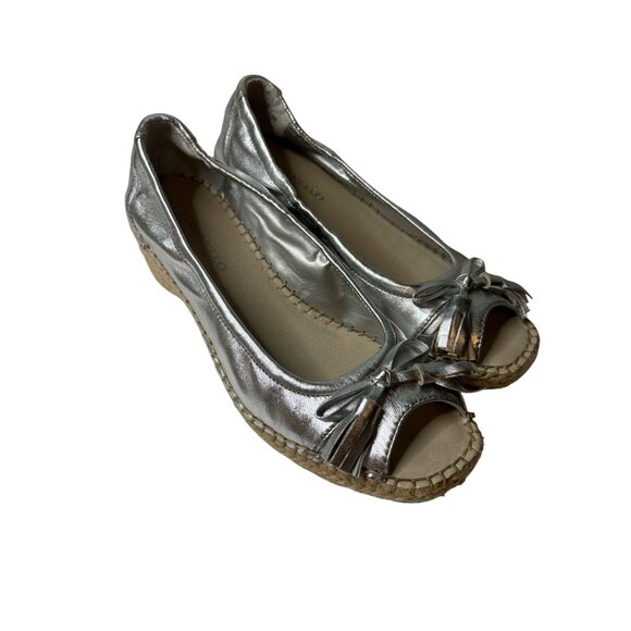 Tignanello TGNAIF3 Wedge Espadrilles Tan Silver Size 6.5M Peep Toe Comfort - Picture 1 of 10